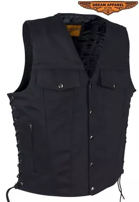 Men's Black Denim Vest Motorcycle Concealed V-Neck Side Laces Waistcoat • $124.54