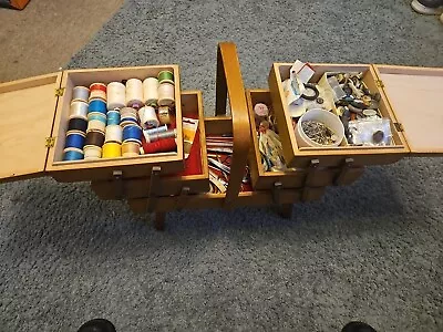 Mid Century Wooden Cantilever Sewing Box Caddy Folding Storage Basket + Contents • £14.99