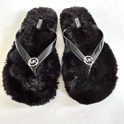 Michael Kors Fuzzy Flip Flops 8 Faux Fur Black Logo Jelly Thong Slippers Sandals • $24