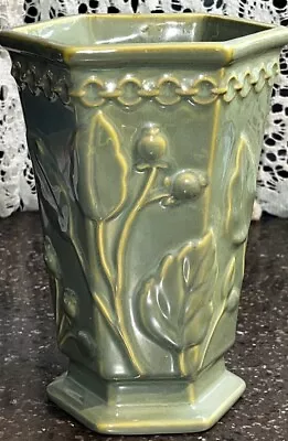 Victoria Hagan Ceramic Vase Raised Green Flowers Leaves Chain • $47.19