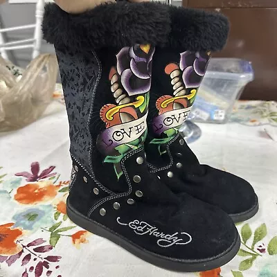 Ed Hardy Womens Boots Tattoo Dagger Rose Love Life Suede Leather Black Size 5 • $59.99