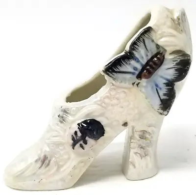 Fashion Heel Shoe Figurine Blue Butterfly Textured Japanese Ceramic Vintage • $11.95