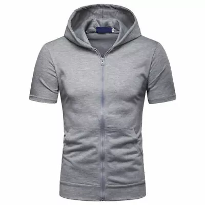 Mens Zip Up Hoodie Blouse Short Sleeve Hooded Zipper Sweatshirt Jacket Tops Hot • $15.88