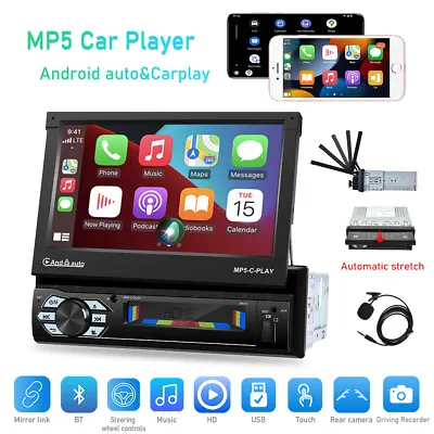 7  Car Radio Stereo Apple Carplay Android Auto Single Din Flip Out BT Head Unit • £65.99