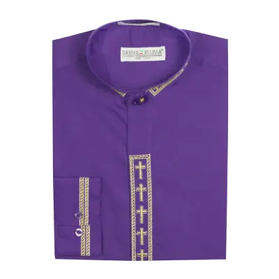 Daniel Ellissa Mens Clergy Shirt Long Sleeve Cross Placket Purple/Gold • $34.99