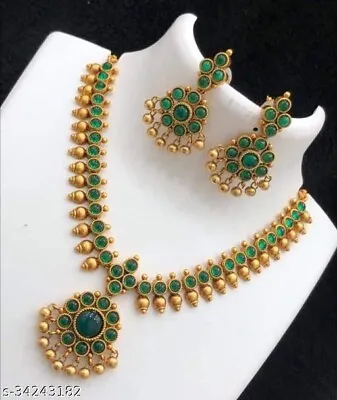 Gold Plated Green Kempu Necklace South Indian Bollywood Style Jewelry Set • $15.17