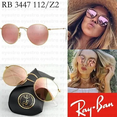 Ray-Ban Round Metal Sunglasses RB3447 112/Z2 50mm Gold Frame Pink Flash Lens NEW • $159.99