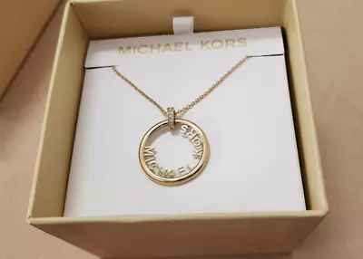 Michael Kors Necklace Gold Tone Circle Pendant MK Logo Pave New In Box • $44