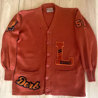 VTG Stadium Shaker Sweater Unisex 42 Orange 1951 Band Varsity Letterman Cardigan • $59.97