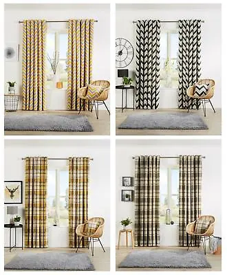 £19.95 • Buy Eyelet Curtain Pairs Fully Lined Ring Top Curtains Light Reducing Check Chevron