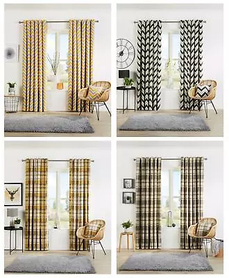 Eyelet Curtain Pairs Fully Lined Ring Top Curtains Light Reducing Check Chevron • £14.95