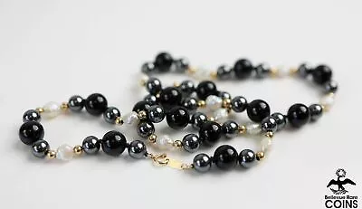 14K Yellow Gold Hematite Onyx & Pearl Bead Necklace • $0.99