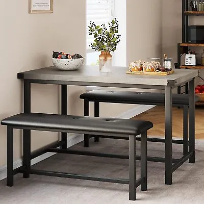 3PC Dining Table Set For 4 With Upholstered Bench Chairs Breakfast Kitchen Wood • $138.99