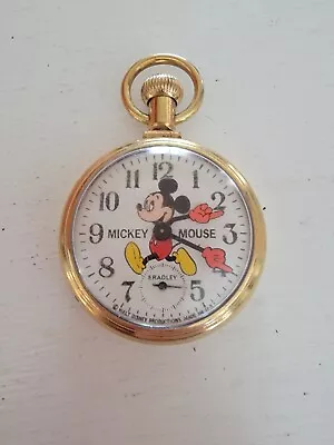 Working Vintage 1970s Mickey Mouse Gold Color Pocket Watch With Train On Back • $55