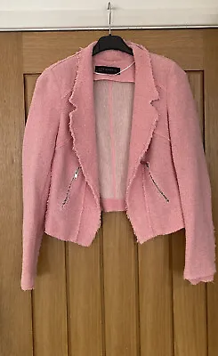 $9.75 • Buy Ladies Zara Pink Boucle Biker Jacket Size S 8-10