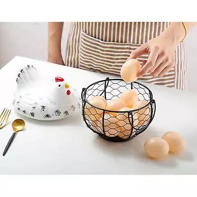 Metal Wire Egg Storage Basket Snack Fruit Basket With Ceramic Hen Side Handles • £15.26