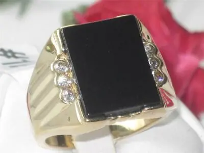Mens Gold Onyx Ring Black Signet Cz Genuine Gemstone 18kt Steel Emerald Cut 1236 • £22.99