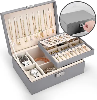 2 Layer Grey Jewellery Box Organizer Rings Necklaces Jewellry Storage Case Box  • £11.99