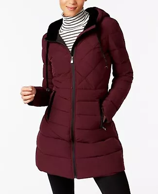 INC International Concepts Velvet-Trim Puffer Coat Merlot.SIZE UK S/US XS. • £19.99