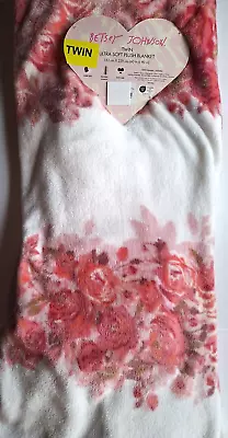 Betsey Johnson Pink Peonies Flowers TWIN 60 X 90  White Plush Throw Blanket NWT • $36
