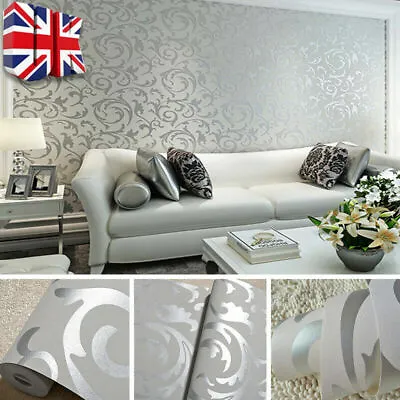 £9.99 • Buy Modern Metallic Textured Damask Embossed Wallpaper Soft Grey Silver Glitter 10 M