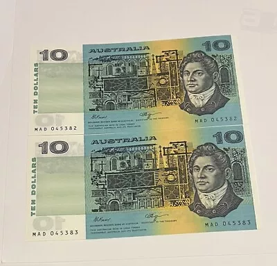 1989 Australian 2 X $10.00 UNC Consec Banknotes With Fraser/Higgins Signatures • $104
