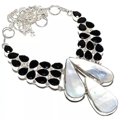 Mother Of Pearl Onyx Gemstone Handmade 925 Sterling Silver Jewelry Necklace 18  • $35