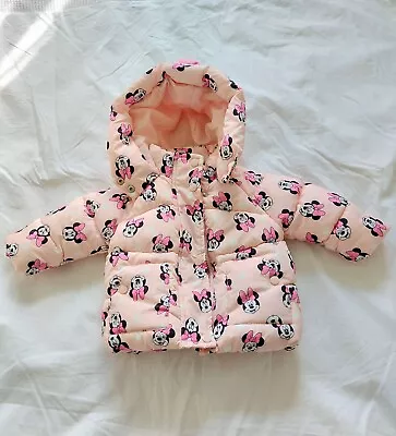 Baby Girls Minnie Mouse Puffa Jacket Bow & Ears On Hood 6 - 9mths • £11.95