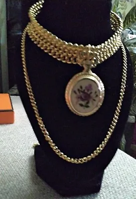 $180.78 • Buy Hermes Vintage Enamel Rose Pendant Watch With Bracelet & Necklace