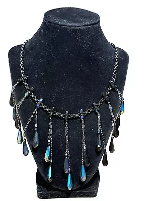 Faceted Glass Necklace Peacock Iridescent Blue Black Green Falling Raindrops • $17.60