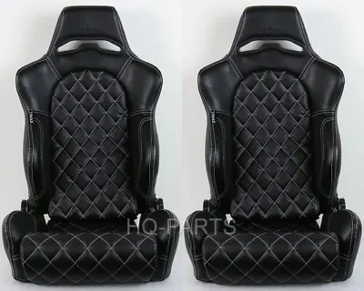 $329.99 • Buy 2 Tanaka Black Pvc Leather Racing Seats Reclinable + Diamond Stitch Fits Subaru