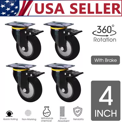 4 Pack 4  Caster Heavy Duty Swivel Plate Casters Polyurethane Wheels With Brake • $36.16