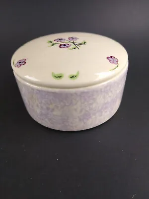 Ceramic Round Hand Painted Ring Trinket Box Purple Flowers Sponge Vintage Marcie • $8