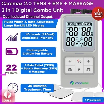 Dual Channel TENS Machine EMS 3 In 1 Combo Unit Pain Relief Massager Physio CMX2 • $57.99