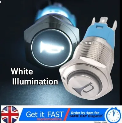 WHITE 16mm LED Light Horn Button Momentary Metal Switch Push Button Car 12v • £6.99