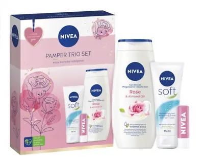 Nivea Pamper Trio Gift Set -Rose Shower Cream Moisturising Cream Rose Lip Balm • £8.89