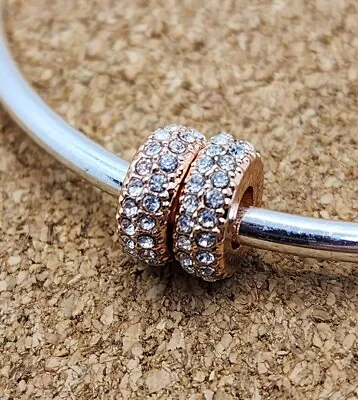 2 Authentic Sparkling Rose Gold Cz Spacer European Charm Beads   • $14