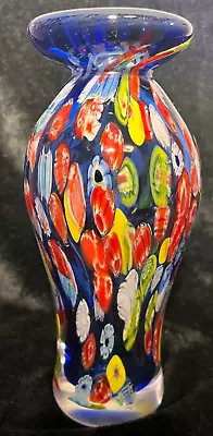 Heavy Art Glass Blue Millefiori Glass Vase 8 1/2  • $39.99