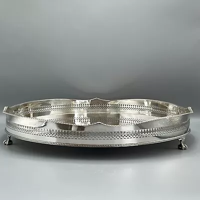 EXTRA LARGE Vintage Silver Plated Round Gallery Tray Drinks Cocktail Feet Butler • $205.44