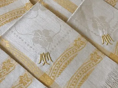 6 Antique French Linen Damask Fringed Napkins ~ Unique Yellow Off White~ Mono MM • $79