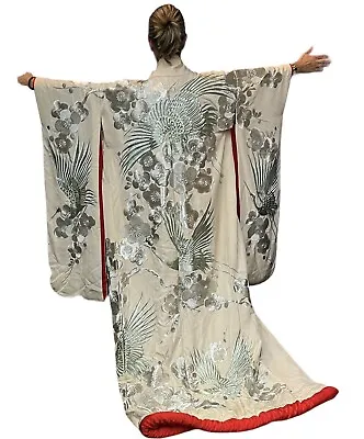 Vintage Japan Uchikake Silk Wedding Kimono Embroidered Crane Birds Silver Floral • $450