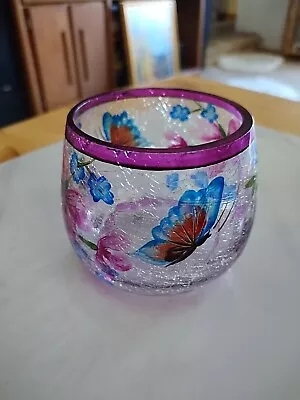 Crackle Glass Votive Yankee Candle Holder Butterflies Floral Three Inches Tall • £14.46