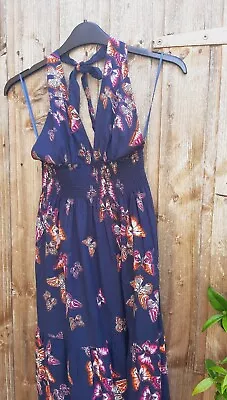 Oasis Navy Orange Purple Butterflies Tiered Halter Maxi Sun Dress 10 VGC • £11.99