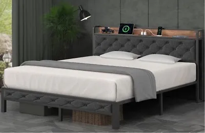 King Bed Frame With Headboard Bed Frame With Charging Station Metal Platform • $224