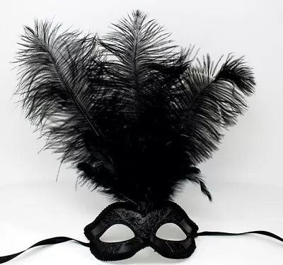 All Black Feather Mask Venetian Masquerade Ball Carnival Party Face Eye Mask • £12.95