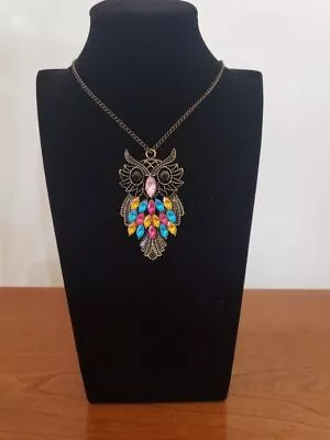 Vintage Owl Necklace Bronze Jeweled Owl Necklace W/Bonus Owl Paperclip Owl Pen • $25.24