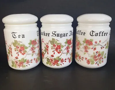 Vintage Italian White Milk Glass Floral Tea Coffee Sugar Storage Jars Cannisters • £15