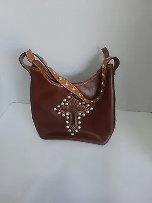 Montana Silversmiths Western Hair Trimmed Cross W/ Studs Brown Tote Bag Purse • $32