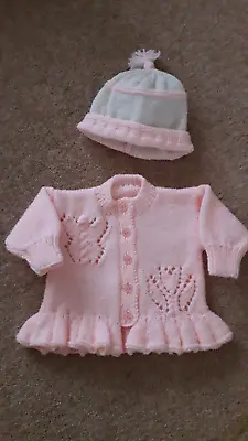 Hand Knitted Baby Clothes Girls Matinee Jacket & Hat 0/3months *Charity Auction* • £16