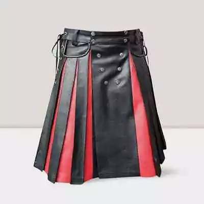 Mens Red And Black Real Leather Gladiator Pleated Utility Kilt Skirt • $130